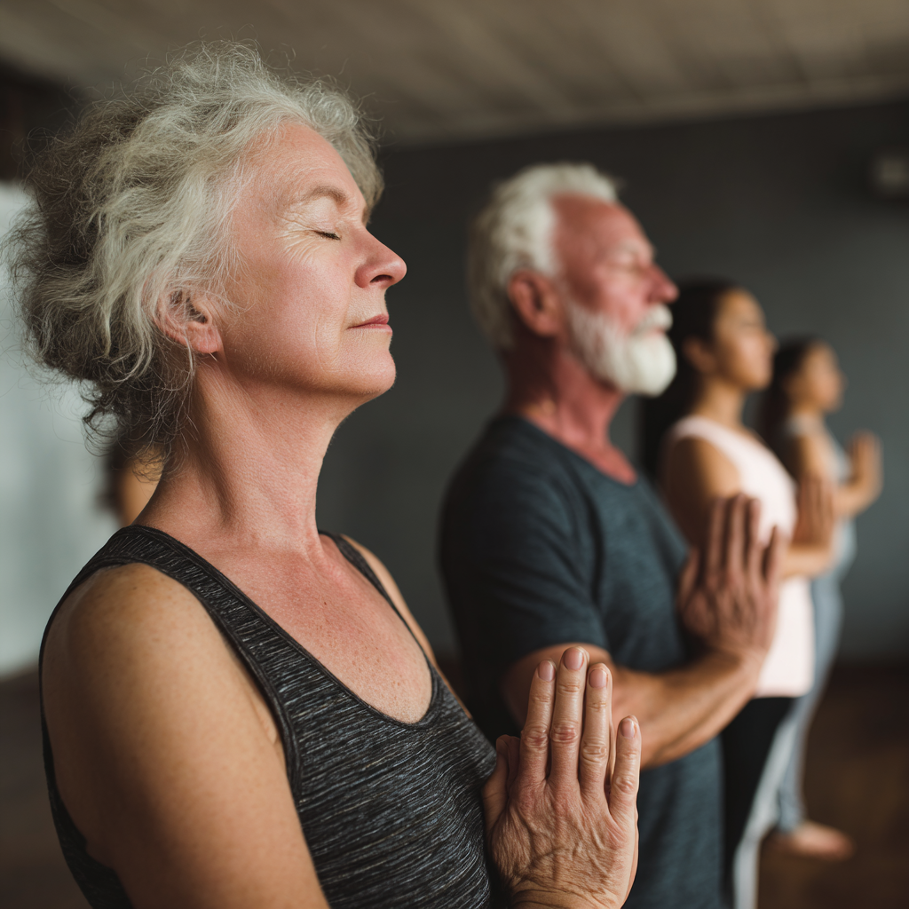 Mature adults in diverse age groups practicing gentle yoga poses together in peaceful studio setting