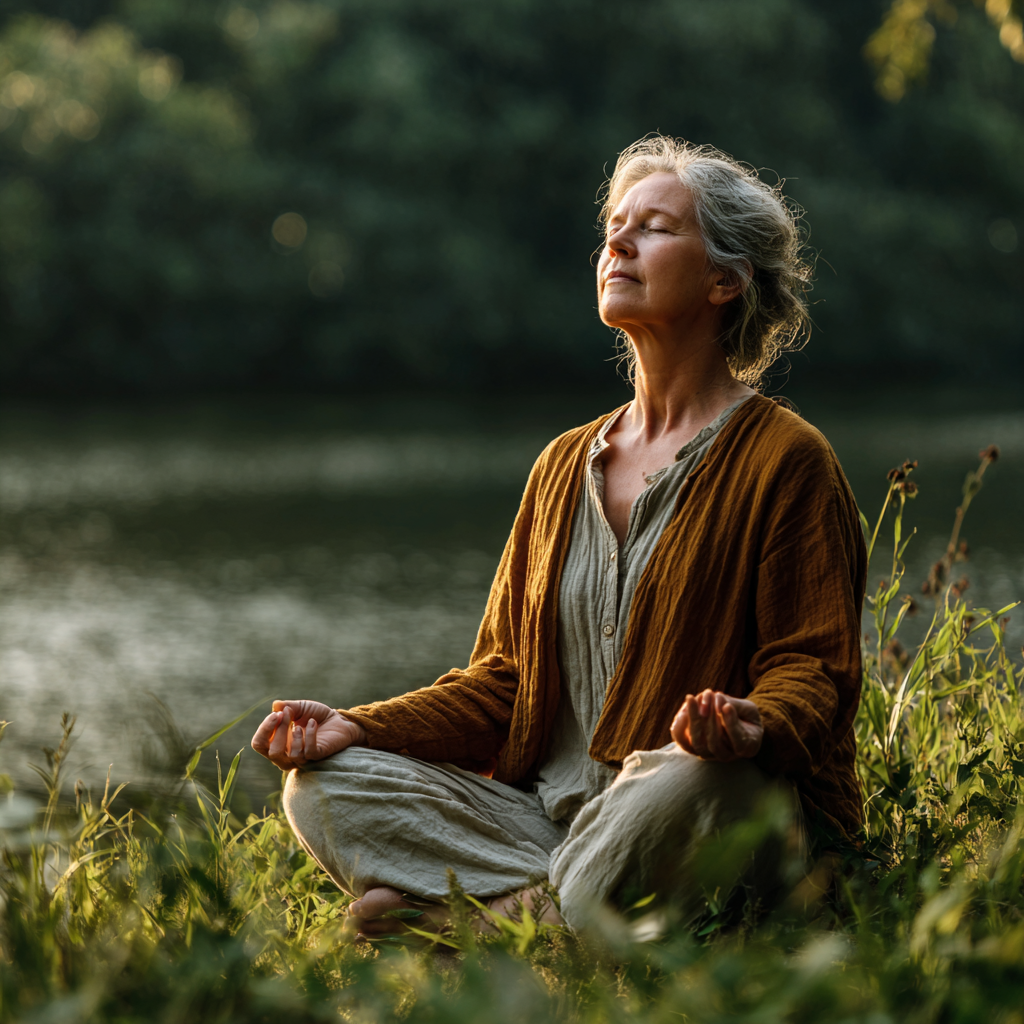Middle-aged woman practicing peaceful meditation in serene natural environment